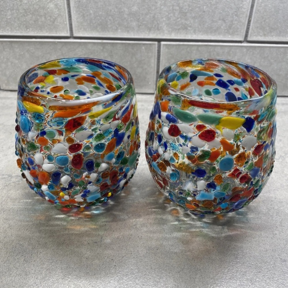 Puerto Vallarta hand blown Drinking Glasses –Set of 2 Confetti Rock Wine
